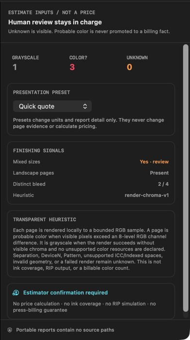 PressQuote estimate inputs, transparent heuristic and no-pricing boundary